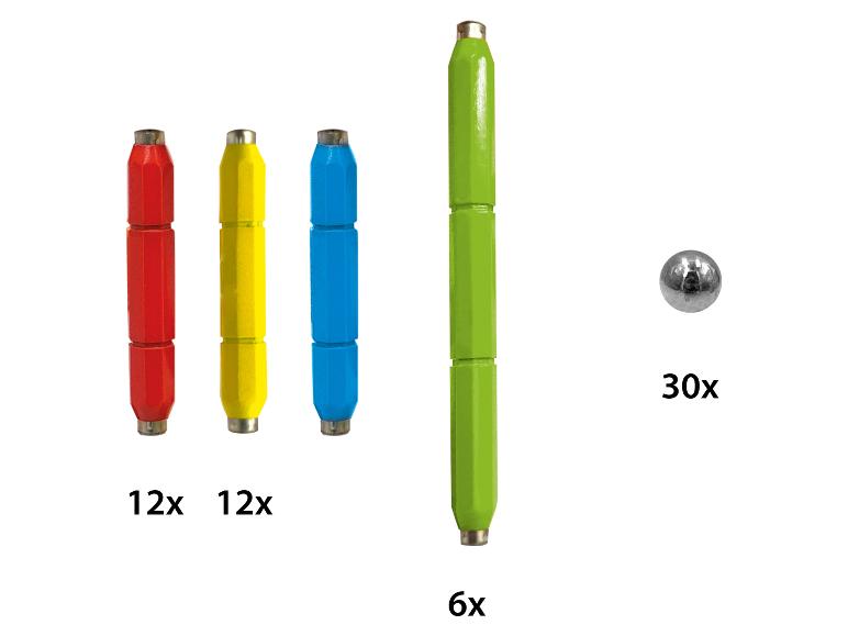 Magnetická stavebnice s barevnými tyčemi a kovovými kuličkami.
