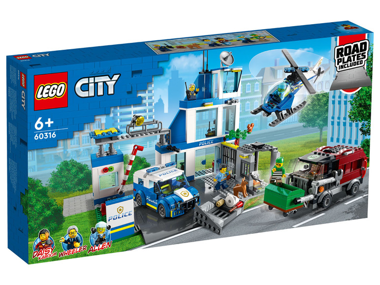 LEGO City policejní stanice s helikoptérou, policejním autem a vězeňským autem.