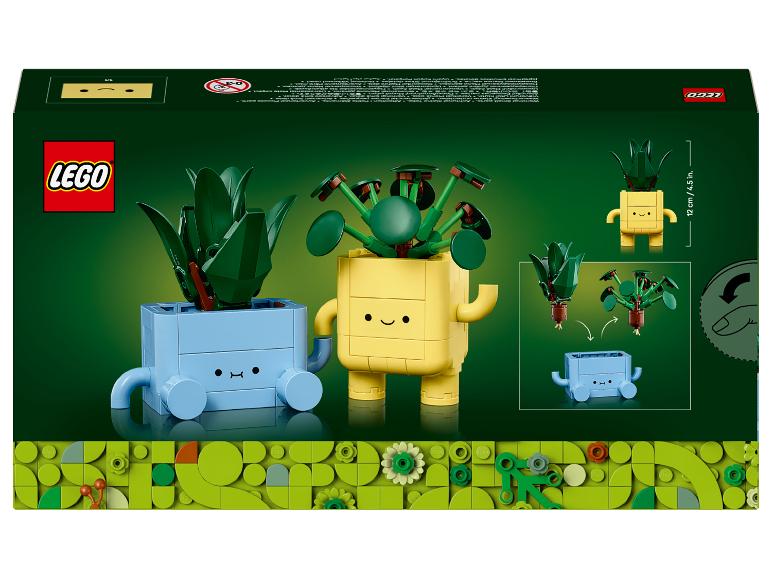 LEGO krabice se dvěma sestavitelnými pokojovými rostlinami, jednou modrou a jednou žlutou.