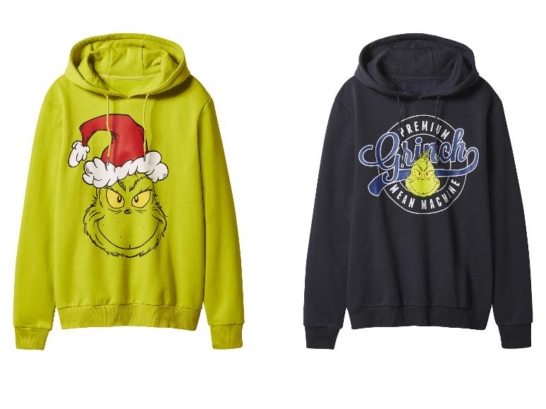 Dvě mikiny Grinch: jedna limetkově zelená s Grinchem v vánoční čepici, druhá tmavě modrá s logem Grinch.
