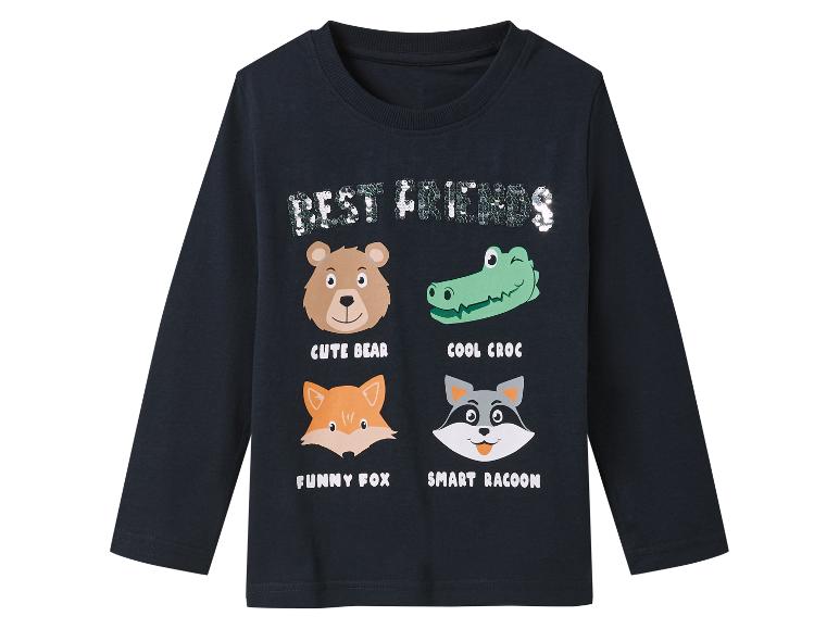 Dlouhý rukáv, tmavě modré dětské tričko s roztomilými zvířecími motivy a nápisem "Best Friends" z flitrů.