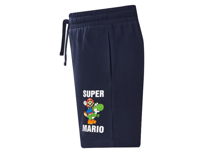 Tmavě modré šortky s potiskem postavy z videohry a nápisem „SUPER MARIO“