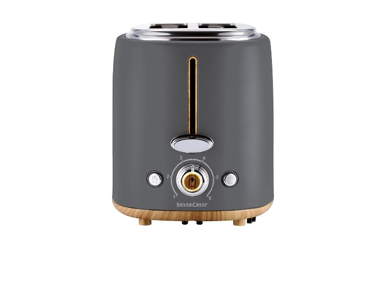 Tmavě šedý toustovač SilverCrest se dřevěnou základnou.