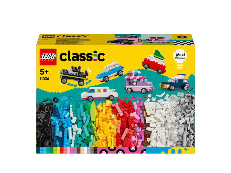 Sada LEGO Classic s autíčky a spoustou barevných kostek.