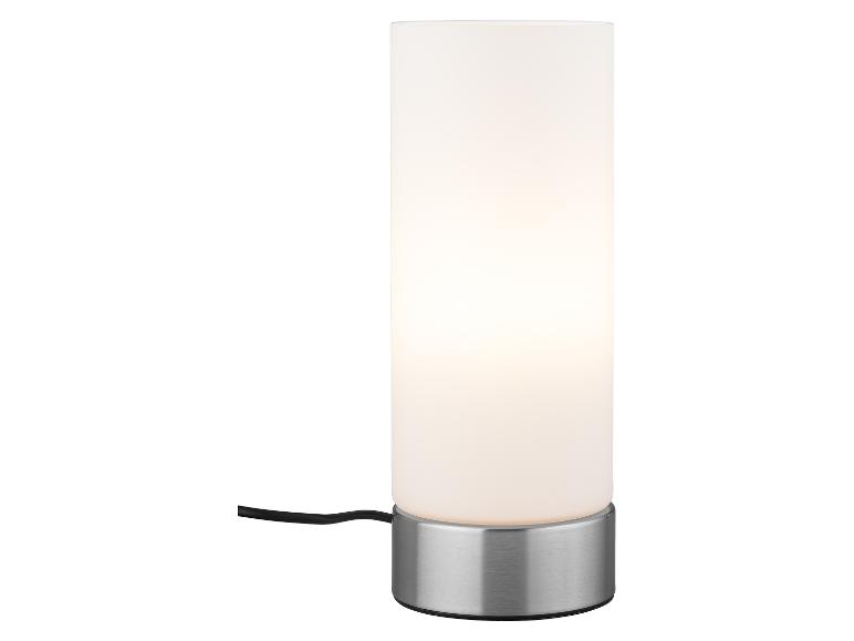 Stolní lampa s válcovým bílým stínítkem a kovovou základnou