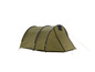 Zelený stan s černými detaily, určený pro kempování.