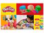 Play-Doh: logo, barevná modelína a dítě hrající si s Play-Doh štěnětem.