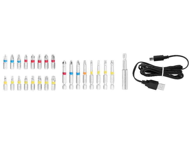 Sada šroubovacích bitů s různými hroty a USB kabelem