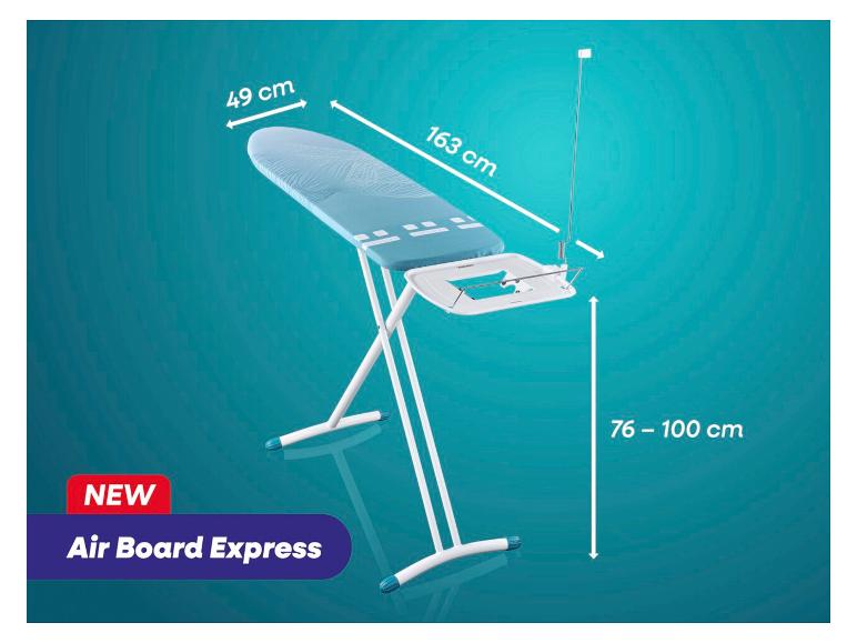 Žehlicí prkno Air Board Express o rozměrech 49x163 cm a nastavitelnou výškou 76-100 cm.
