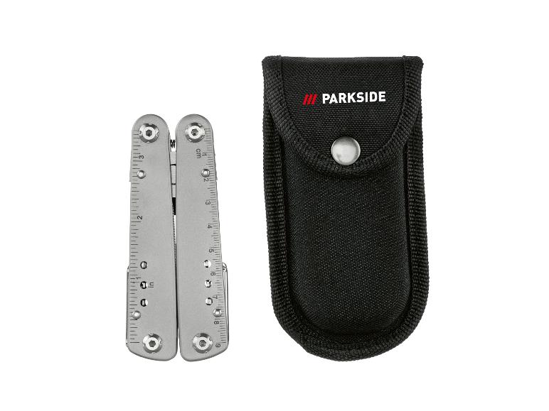 Multitool Parkside z nerezové oceli s černým pouzdrem.