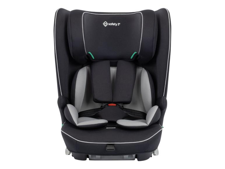 Černá dětská autosedačka se šedými akcenty a pětibodovým bezpečnostním pásem.