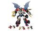LEGO Ninjago robot s křídly, doprovázený šesti minifigurkami se zbraněmi.