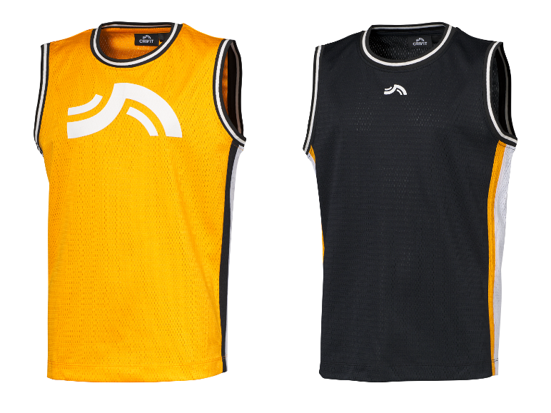 Dvě basketbalové vesty Crivit, jedna žlutá a jedna černá.