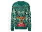 Zelený vánoční svetr s motivem jelena a sněhových vloček.