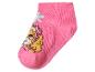 Růžová dětská ponožka s motivem štěněte a modrou květinou.