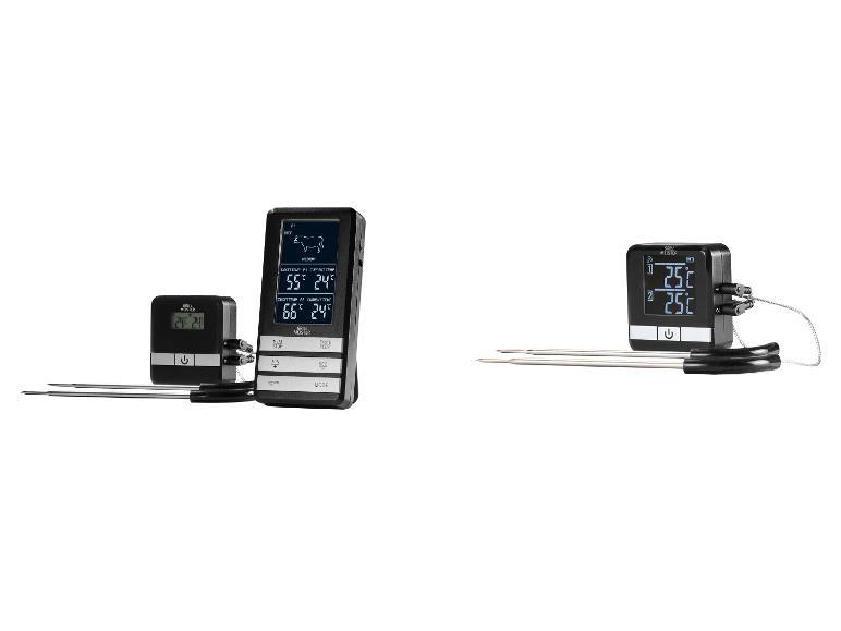 Dva digitální teploměry na maso Grill Meister se sondami, jeden zobrazuje nastavení pro hovězí maso.