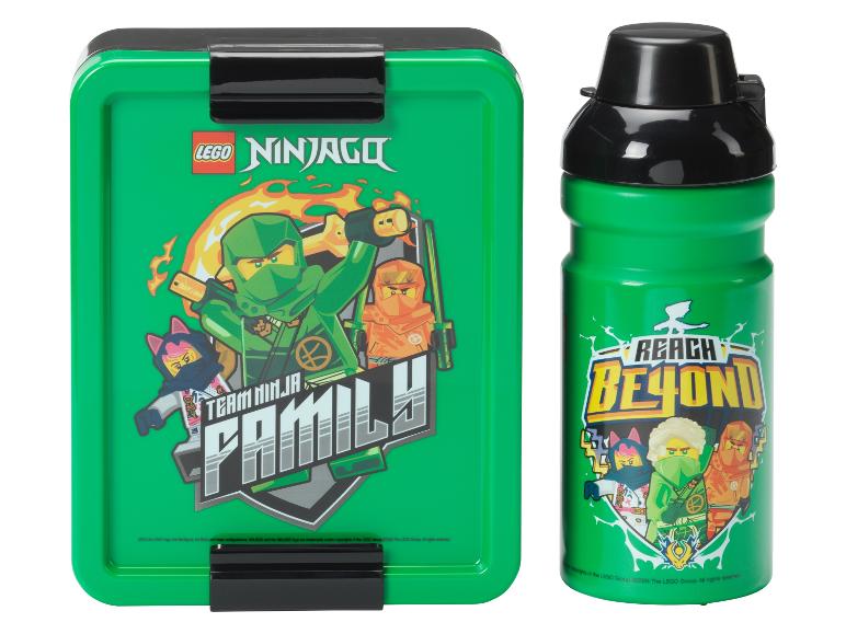 Zelená krabička na svačinu a láhev LEGO Ninjago: postavy Ninja a motiv Reach Beyond.