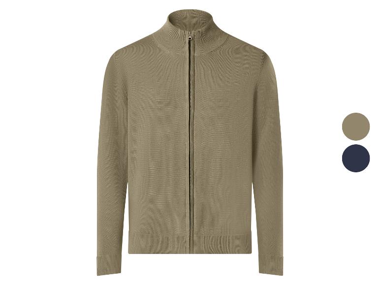 Khaki pletená bunda na zip s hnědými a tmavě modrými barevnými variantami.