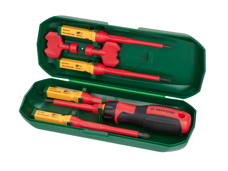 Sada izolovaných šroubováků Parkside v zelené úložné schránce.