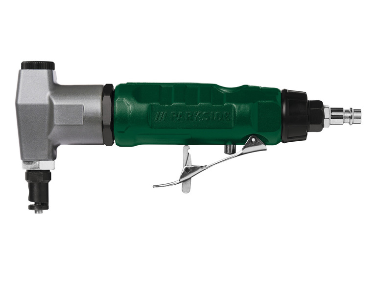 Zelený nástroj na řezání Parkside s kovovým nástrojem na řezání.