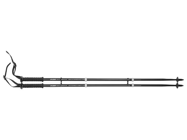 Pár černých holí na nordic walking s nastavitelnými popruhy a značkami délky.