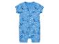 Modrý overal s krátkým rukávem pro miminka s potiskem dinosaurů a hvězd.
