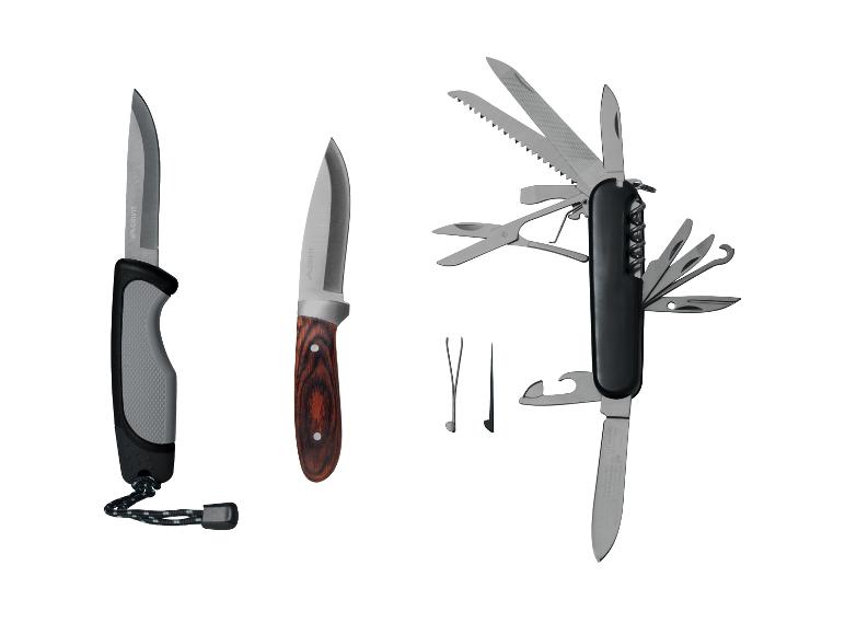 Dva nože CRIVIT a multifunkční nástroj s různými funkcemi.
