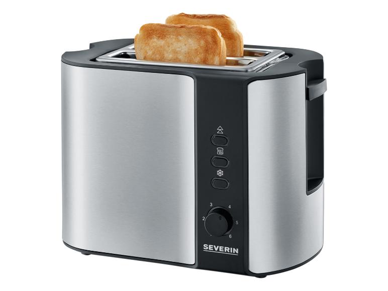 Topinkovač Severin se dvěma plátky toastu, stříbrný a černý.