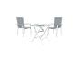 Sada skládacího stolu a židlí v šedé a bílé barvě pro venkovní použití.