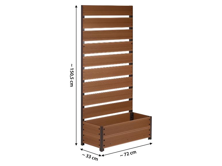 Dřevěný květináč s mříží, přibližně 150,5 cm vysoký, 72 cm široký a 33 cm hluboký.