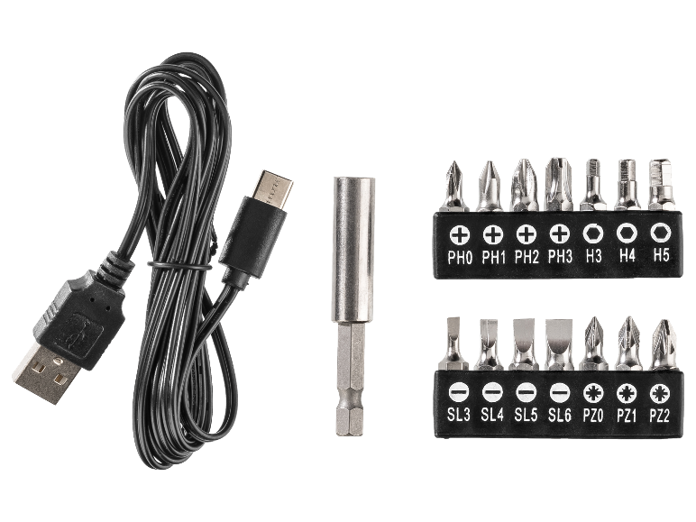 USB nabíjecí kabel a sada magnetických bitů pro šroubovák.