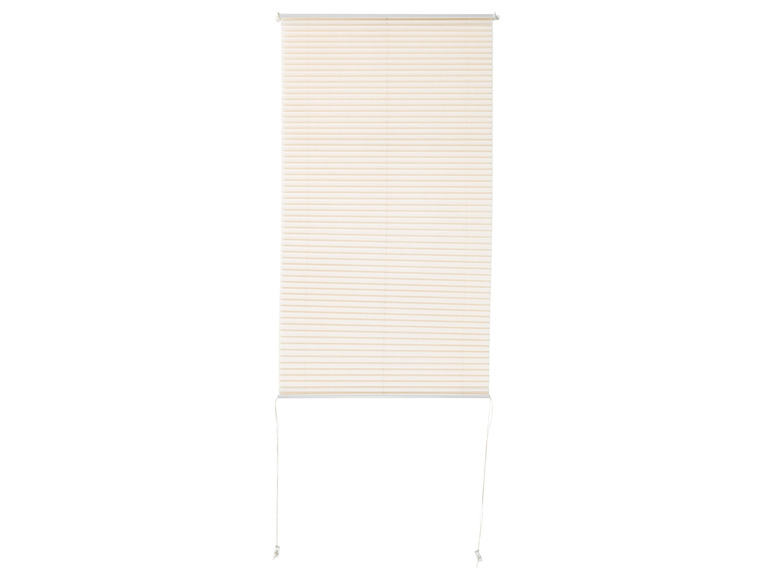 Béžový plisovaný závěs s bílým spodním okrajem.