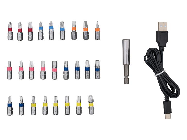 Sada šroubovacích bitů s různými hlavami, magnetickým držákem a nabíjecím kabelem USB.