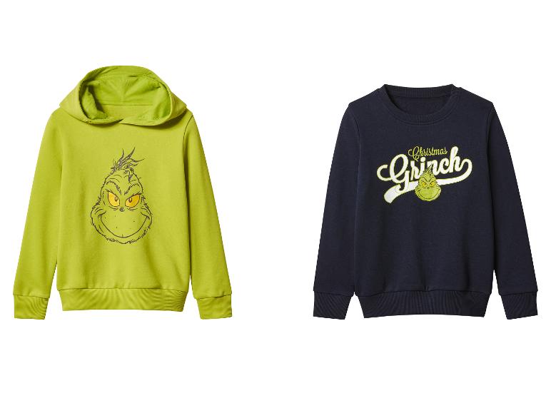 Dvě mikiny Grinch: jedna zelená s Grinchovou tváří, druhá tmavě modrá s textem „Christmas Grinch“.