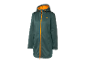 Tmavě zelená softshell bunda Crivit s oranžovým zipem a kapucí.