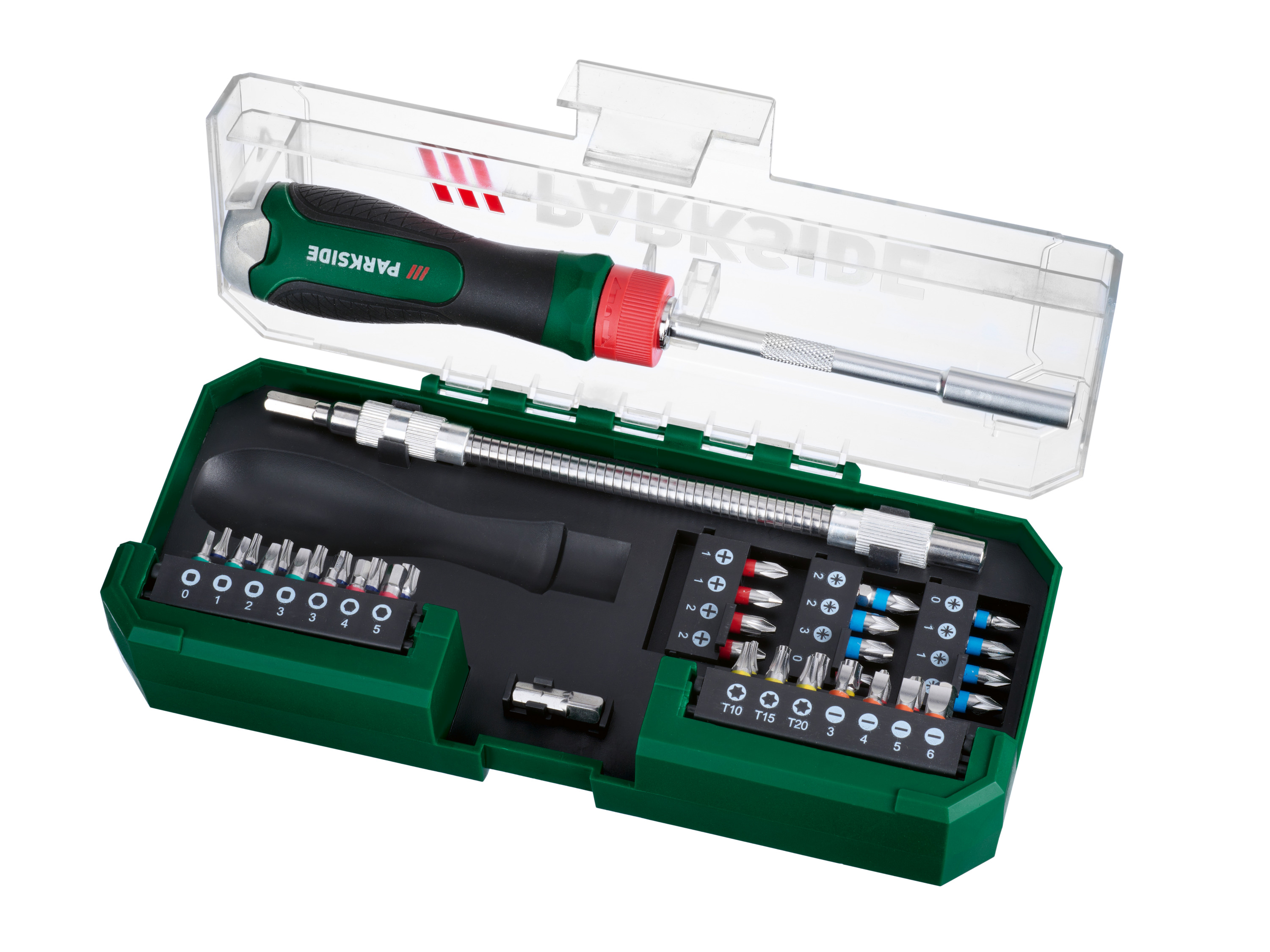 Parkside® Sada bitů s ráčnovým šroubovákem, 43dílná