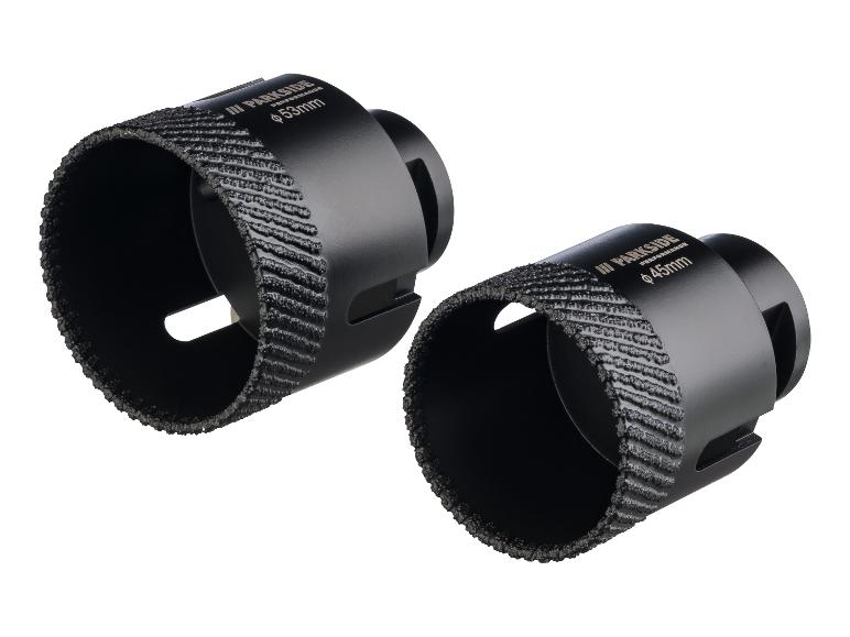 Dvě černé diamantové děrovky, jedna 53 mm a jedna 45 mm