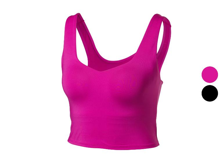 Fuchsiový sportovní crop top se širokými ramínky, v barvách fuchsie a černé.