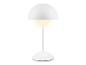 Bílá stolní lampa s polokulovitým stínítkem a svítící koulí.