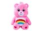 Růžový plyšový medvídek Care Bear s duhou na břiše.