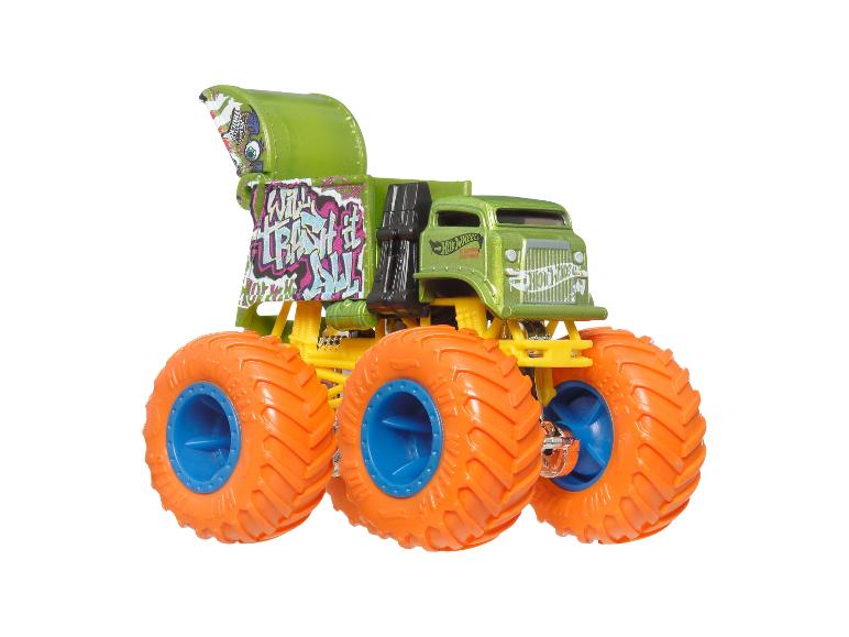 Zelený monster truck Hot Wheels s oranžovými pneumatikami a modrými ráfky.