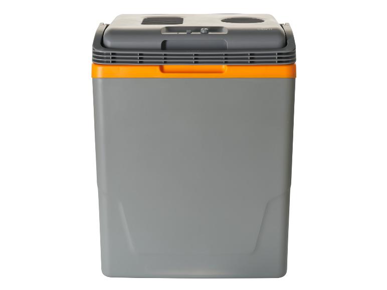 Šedý a oranžový elektrický chladicí box s rukojetí a ovládacím panelem.