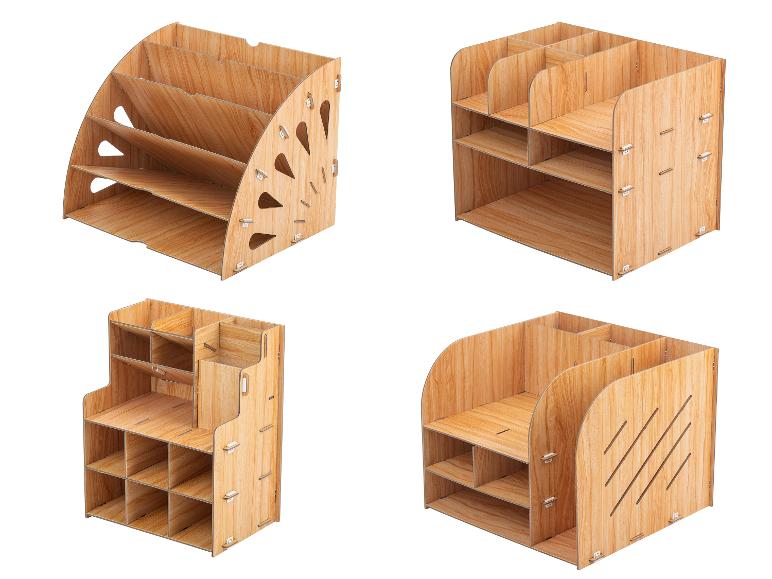 Čtyři pohledy na dřevěný stolní organizér s několika přihrádkami a policemi.