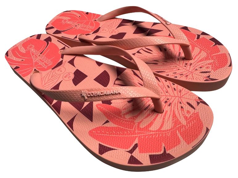 Růžové žabky Copacabana s tropickým vzorem.