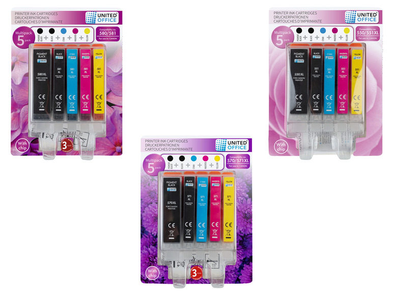 Multipack 5 XL inkoustových kazet United Office pro tiskárny Canon, včetně černé, azurové, purpurové a žluté