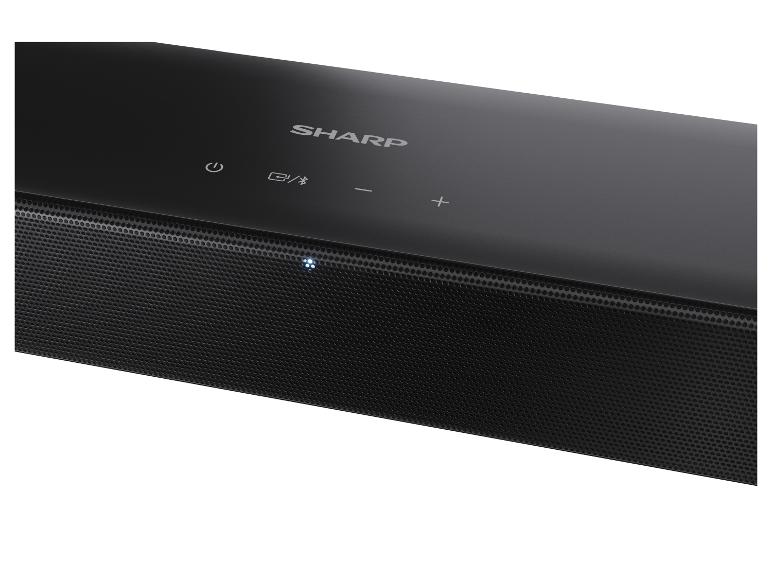 Černý soundbar s dotykovými ovládacími prvky a LED indikátorem.