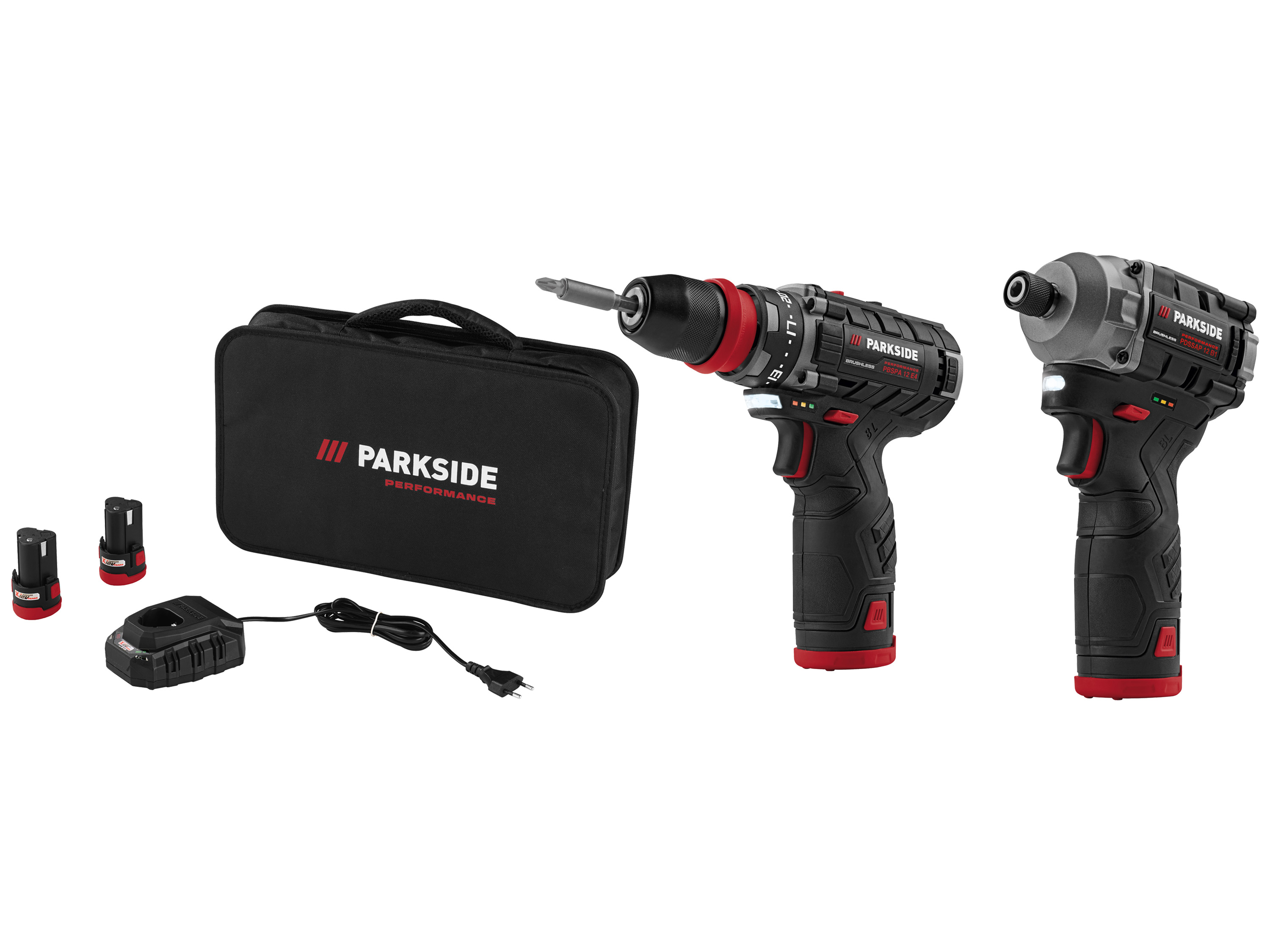 Parkside Performance® Aku vrtací šroubovák Pbspa 12 E4 + aku rázový utahovák Pdssap 12 B1, 2x 2 Ah