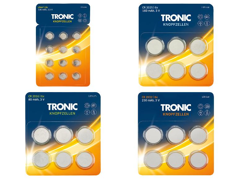 Knoflíkové baterie TRONIC: LR44, CR2025, CR2016, CR2032.