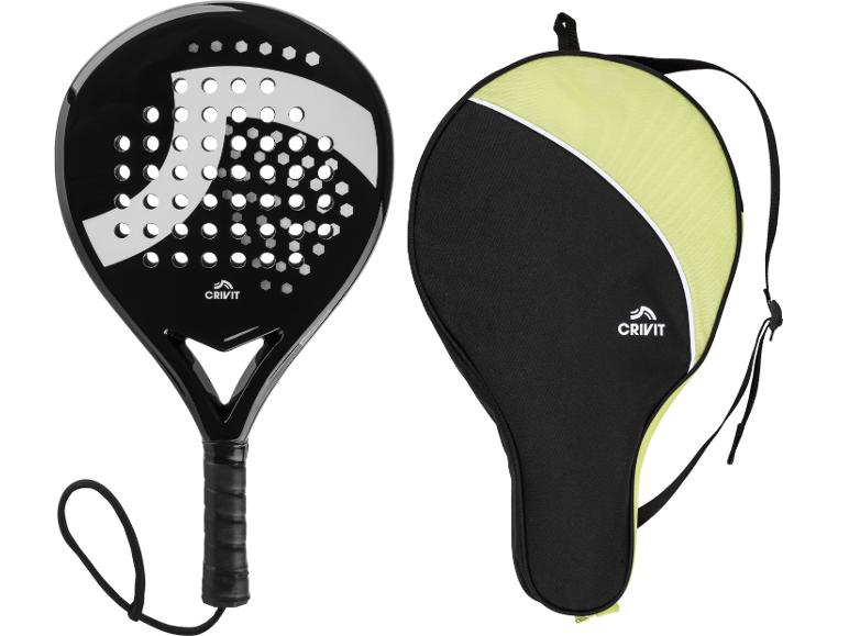 Černobílá padel raketa Crivit s pouzdrem.