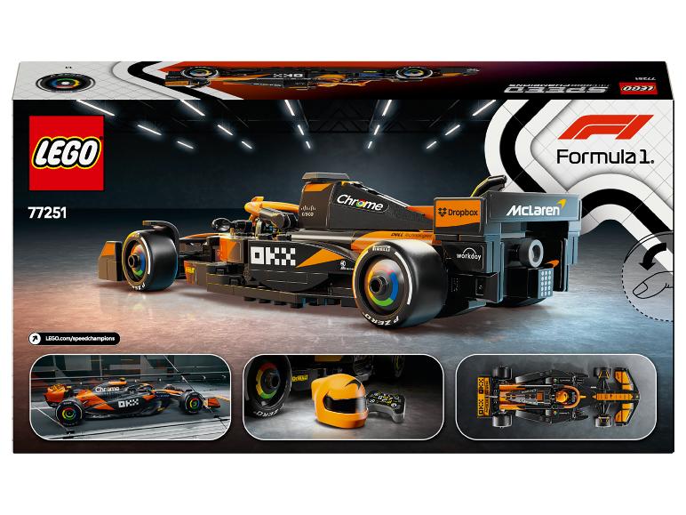LEGO Speed Champions Formula 1 krabice s oranžovým a černým závodním vozem McLaren.